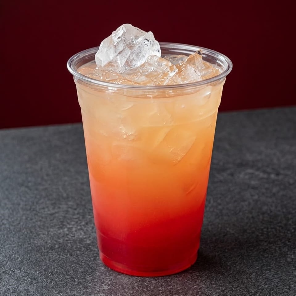 A vibrant, layered drink with red at the bottom, orange in the middle, and yellow on top, with ice.