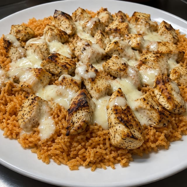 Chicken, Rice, and White Queso Plate.